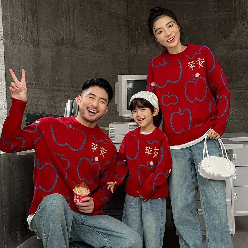 2025 중국 새해 빨간 스웨터, 형제 자매 S-3XL 엄마 아빠 가족 매칭 의상, 인쇄 편지, 1-12 세 여아