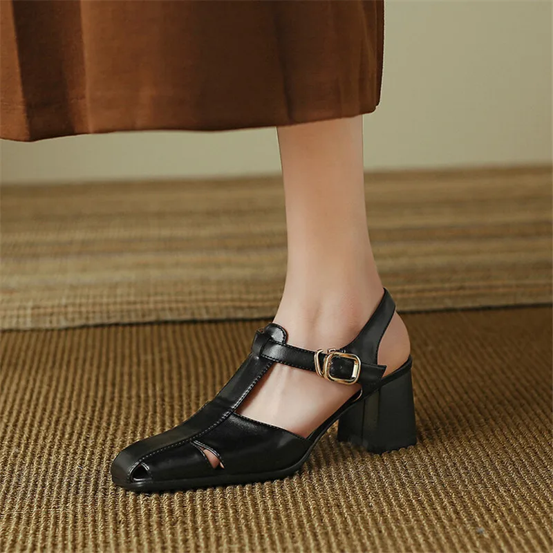 Split Leather Summer Sandals Square Toe Chunky Heel Sandals for Women High Heels Mary Jane Shoes T-shaped Buckle Ladies Shoes