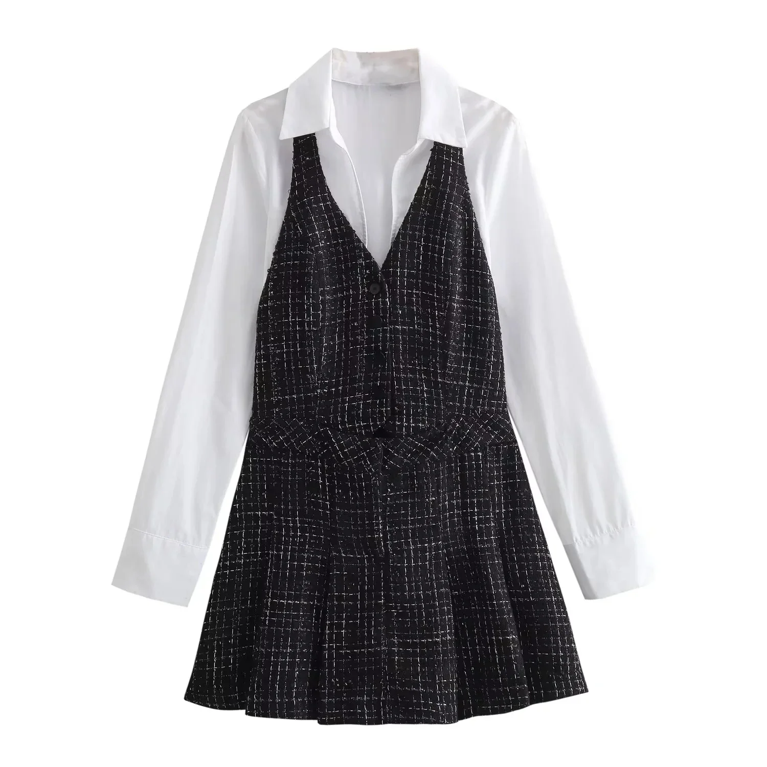 

TRAF 2024 Tweed Mini Dress Woman Long Sleeve Autumn Winter White Black Plaid Dress Casual Office Short Dresses For Women