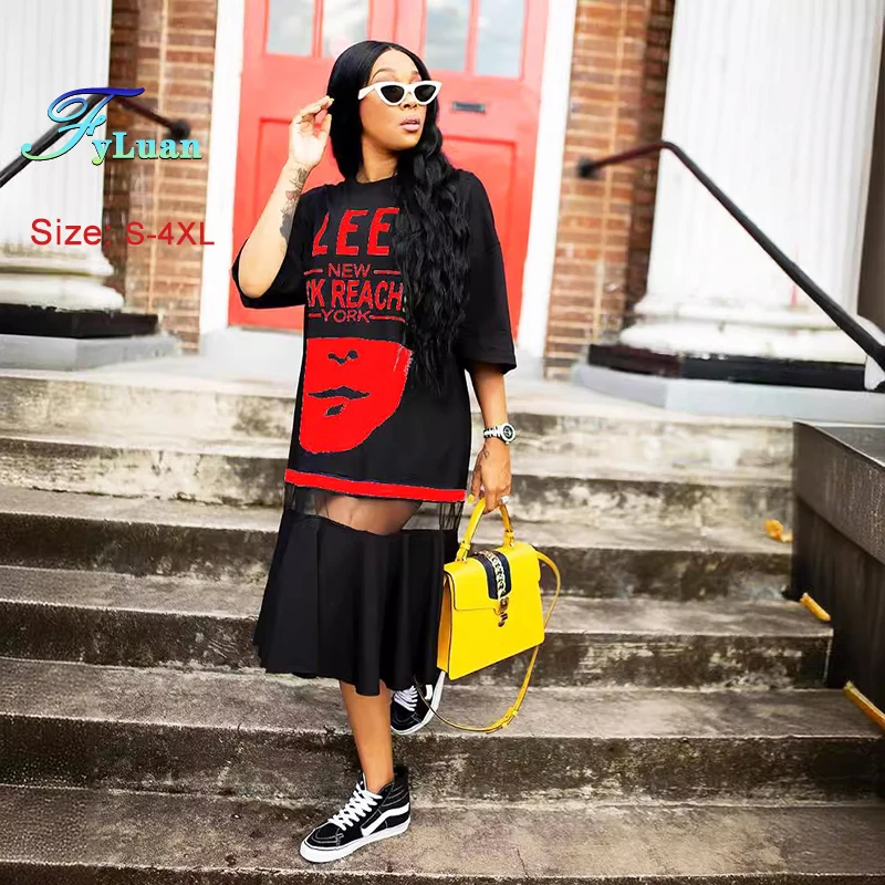 Zomer Nieuwe Grote Maat Vrouwen Jurk Brief Print Mesh Splicing Losse Dames Grote T-shirt Dagelijks Casual Reizen Half Mouw Lange Jurk