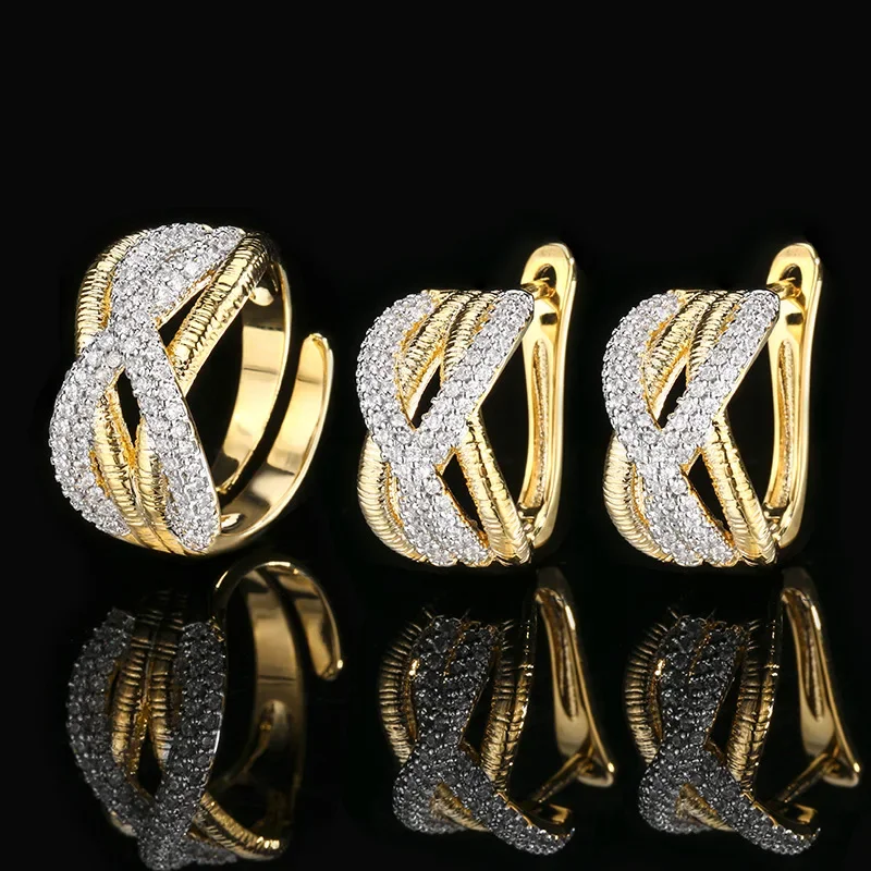 Adjustable Line Gold Toned Ring Earring with Sparkling Cubic Zirconia  Accents Elegant Trendy Modern Geometric Jewelry for Women