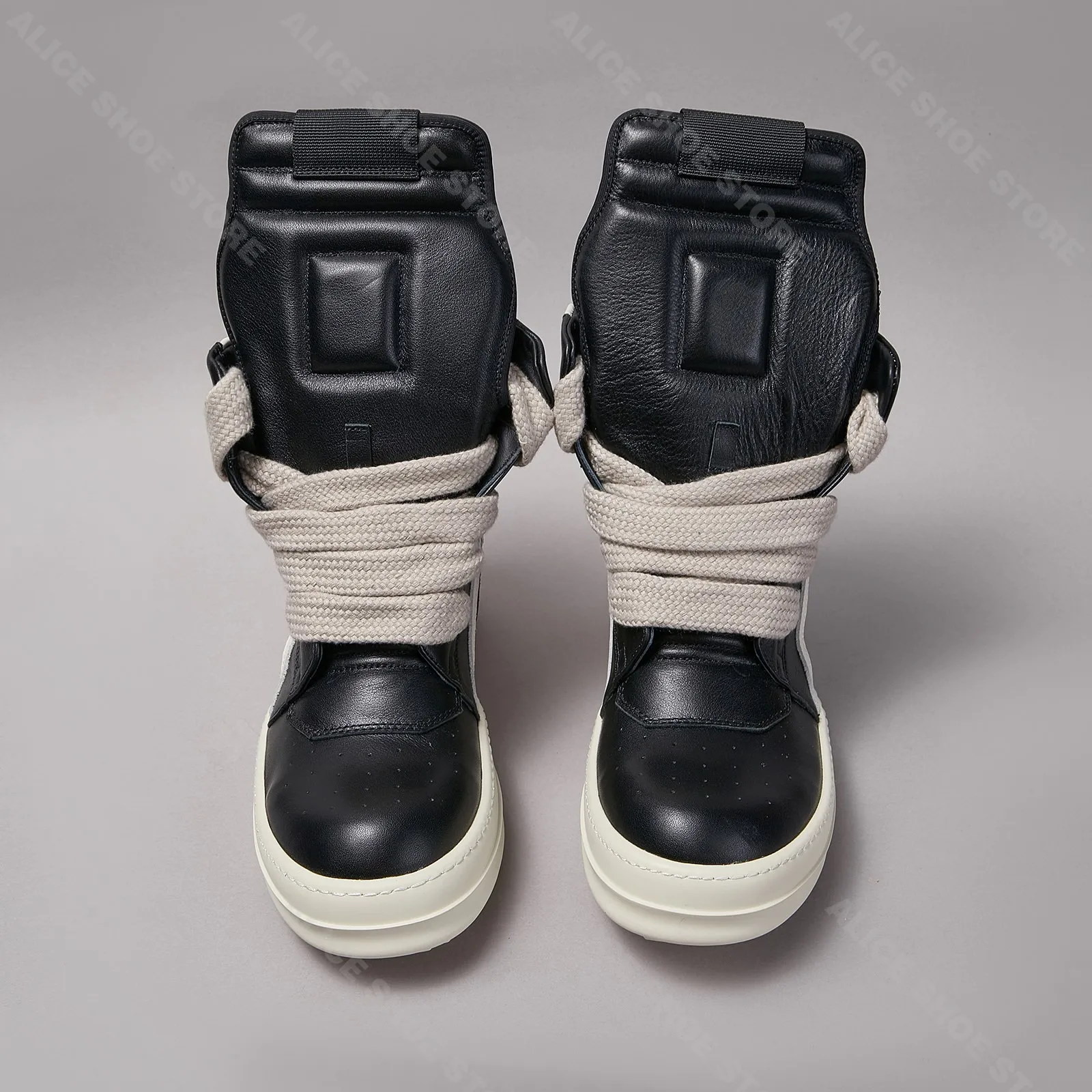 Brand Classic Casual Men Shoe High Top Women Sneaker Jumbo Laces Ankle Boot Geobasket Punk Black Leather Zip Flat Luxury Shoe
