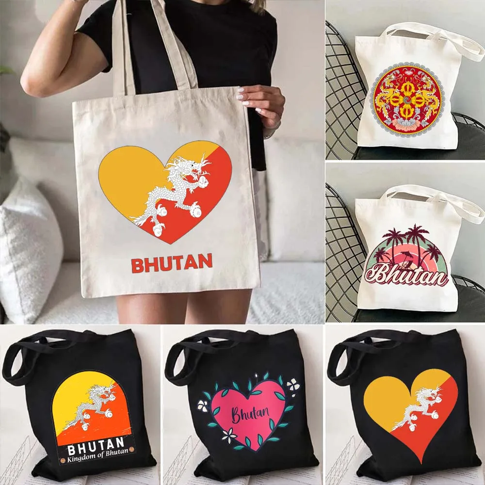 Bhutan Country Kingdom Asia Asian Flag Emblem Bhutanese Love Heart Flag Football Passport Canvas Totes Bag Shopping Bag Handbags