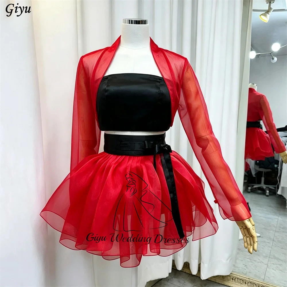 Giyu Customized Hanbok 3 Piece Party Dress Outfit Red Sheer Mesh Long Sleeve Cardigan Black Tube  Organza Mini Korean Prom Dress