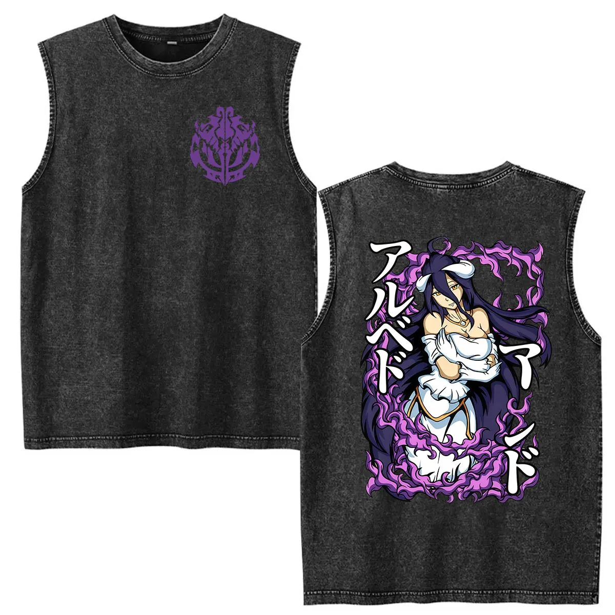 Japanese Anime Albedo Overlord Vintage Washed Ves Print T Shirts Men Women Summer Tank Top 100% Cotton Fashion Oversized T-shirt