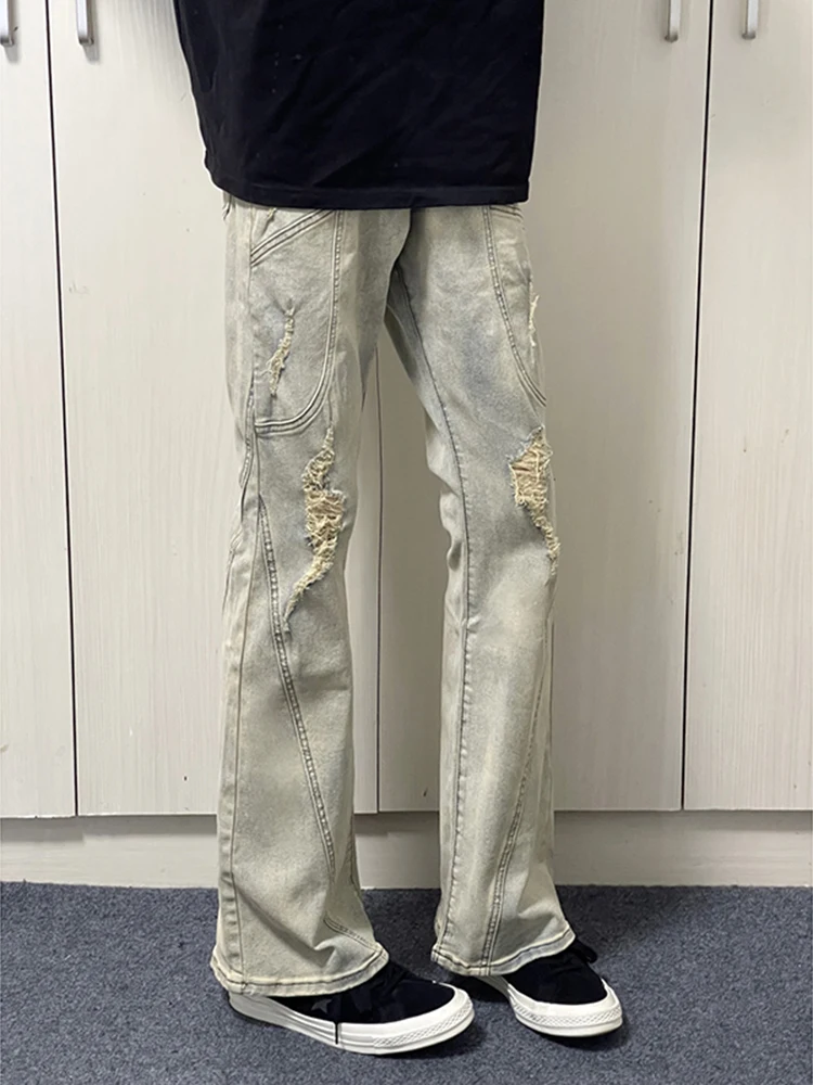 Slimming Yellow Clay Dyed Men's Jeans High Street Style Faded Distressed Straight Leg Denim Trousers with Cuffed Flares