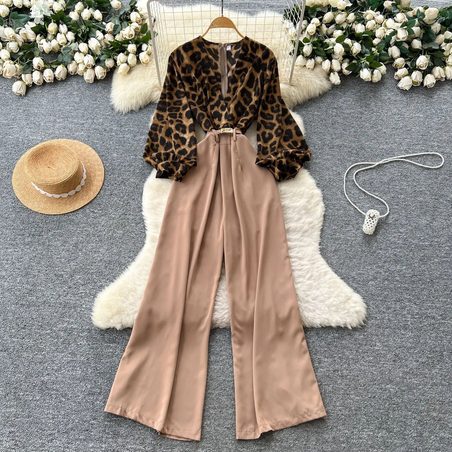 Jumpsuits ผู้หญิง One Piece แขนยาวเสือดาวพิมพ์ Overalls ยาวกางเกงเอวสูง Rompers Y2k Streetwear Jumpsuit ทํางาน
