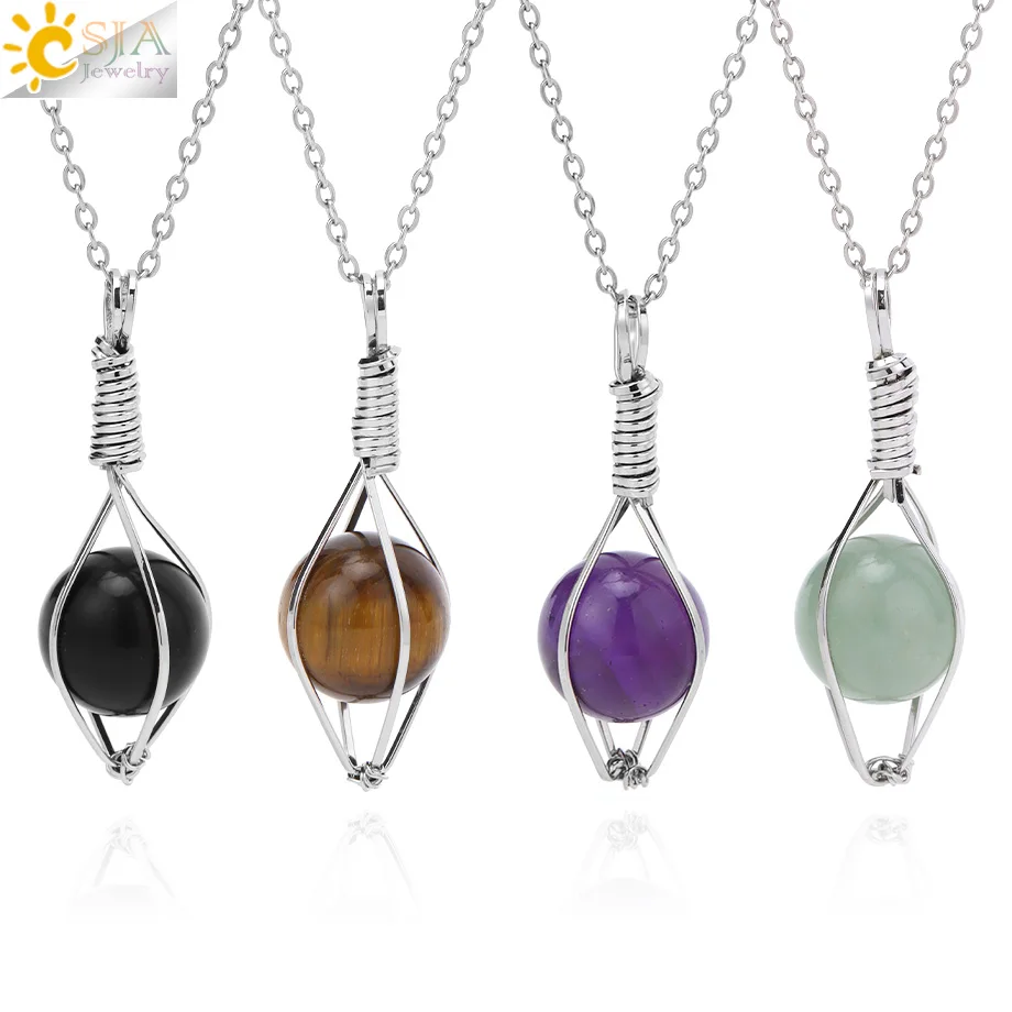 CSJA Crystal Round Beads Pendant Necklace Natural Stone Amethyst Wire Wrapped Necklaces Stainless Steel Chain Jewelry H819