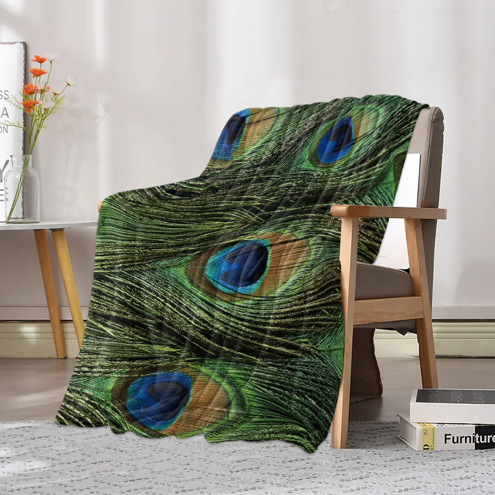 Green Animal Peacock Feather Printed Throw Blanket Flannel Fleece Blankets Warm Soft Throws for Sofa Couch Bed Bedroom Bedspread