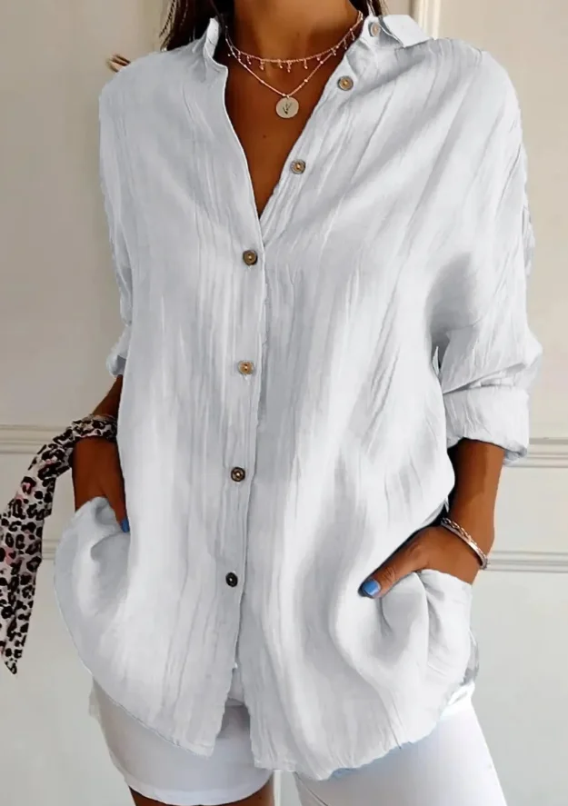قميص نسائي ذو طية صدر السترة وأكمام طويلة بلون سادة كاجوال بصدر واحد موضة جديدة بني وأسود وأبيض قميص علوي بلوزات للإناث