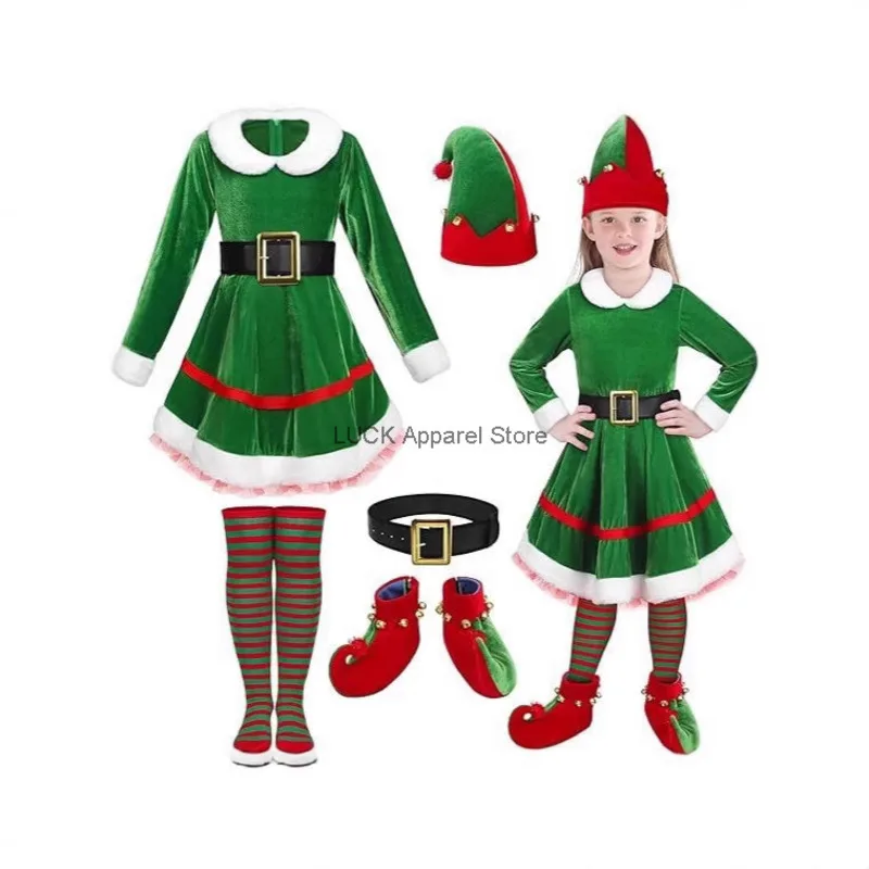 Girl Christmas Elf Dress Costume Set Elf Role Playing Costume Velvet Dress Christmas Dress