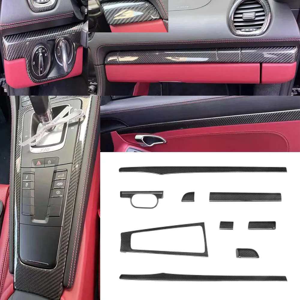 

9PCS Real Carbon Fiber Car Interior Trims Center Console Gear Shift Door Panel For Porsche 718 911 Boxster Cayman 982 2016up