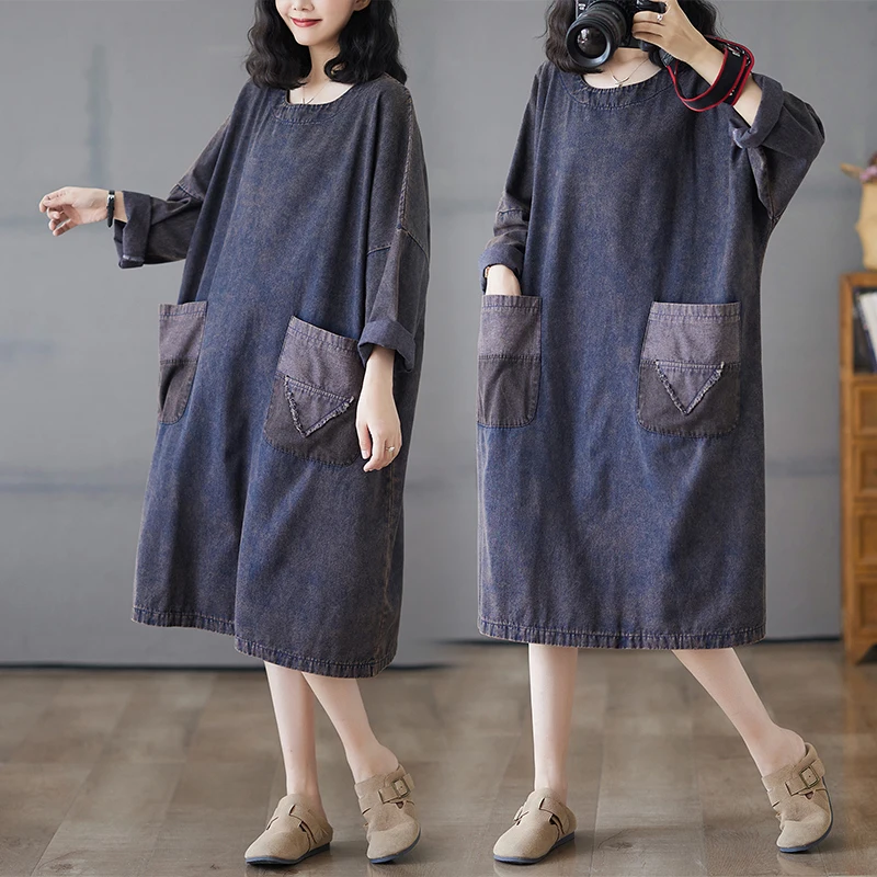 Retro Washed Denim Dress with Large Pockets Casual Loose Women's Clothing Autumn Fashionable Midi Skirt Cotton Polyester Blend