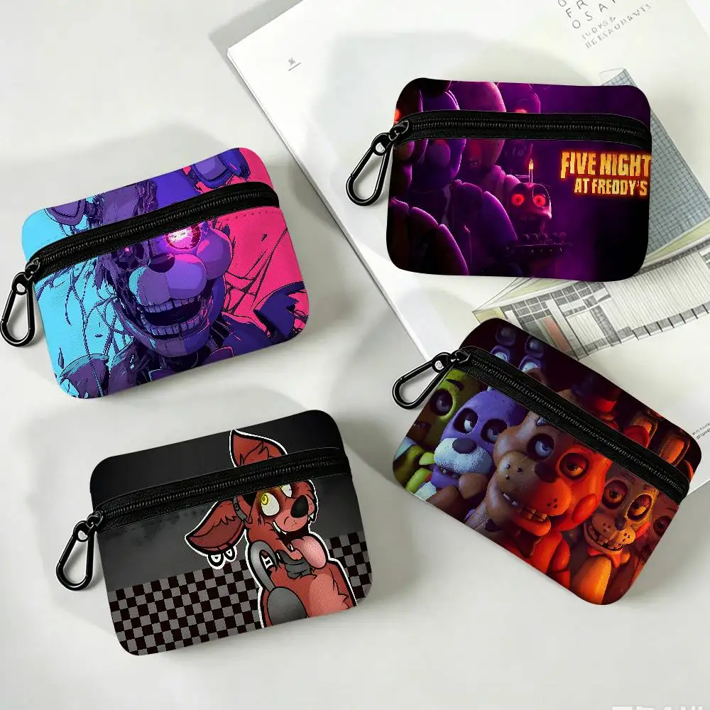 Classic Horror Game F-NA-F Portable Oxford Fabric Mini Wallet Carabiner Design Small Coin Bag For Cards Keys Earphones