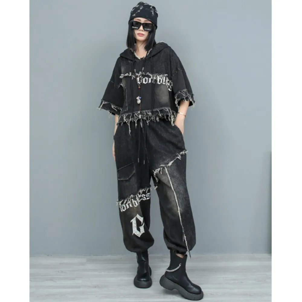 

Personalized Trendy Vintage Printed Patchwork Denim Hooded Short Sleeved Top + Pants Two-piece Set Women 2024 Autumn ZF062