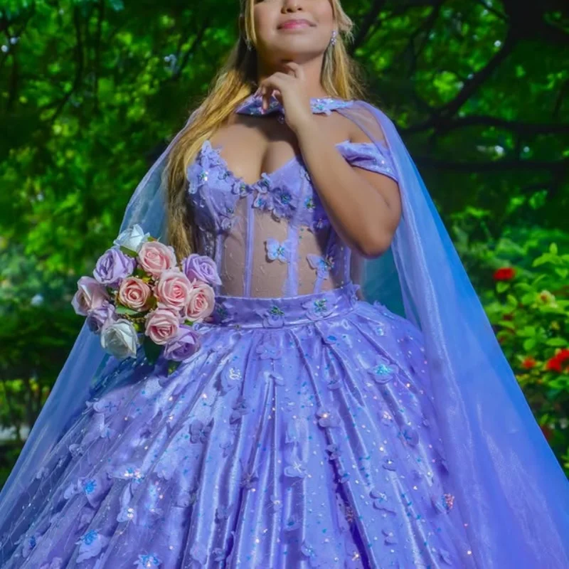 

Shiny Purple Quinceanera Dress off-shoulder Lace flower crystal butterfly decal Long tail vestidos de 15 Quinceanera ﻿Customize