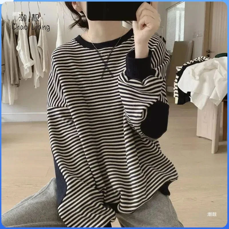 Spring Autumn New Round Neck Striped Simple Sweatshirt Ladies Long Sleeve Loose Casual Fashion Top Women Pullover Female Clothes