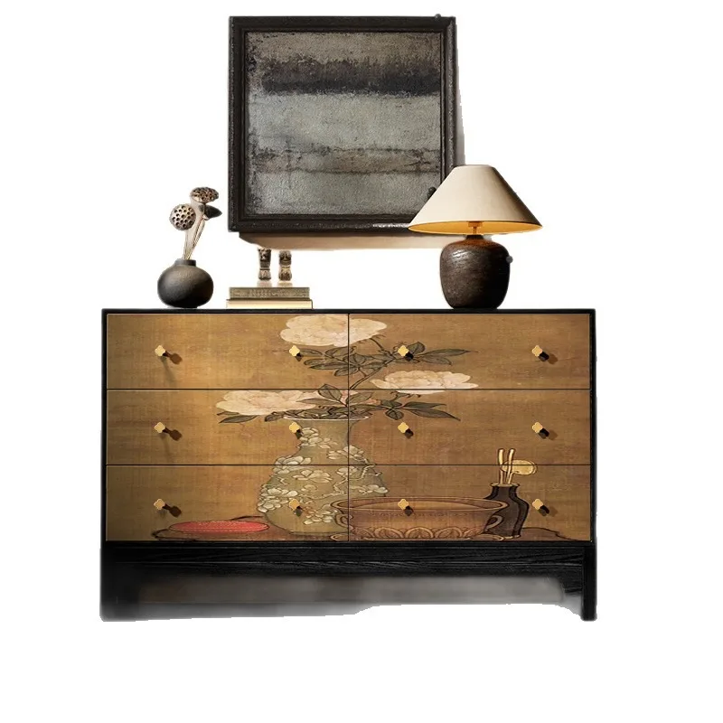Solid Wood Drawer Chest, Oriental Style Wall Sideboard, Multi-scene Storage Furniture for Bedroom Foot Bed Living Room