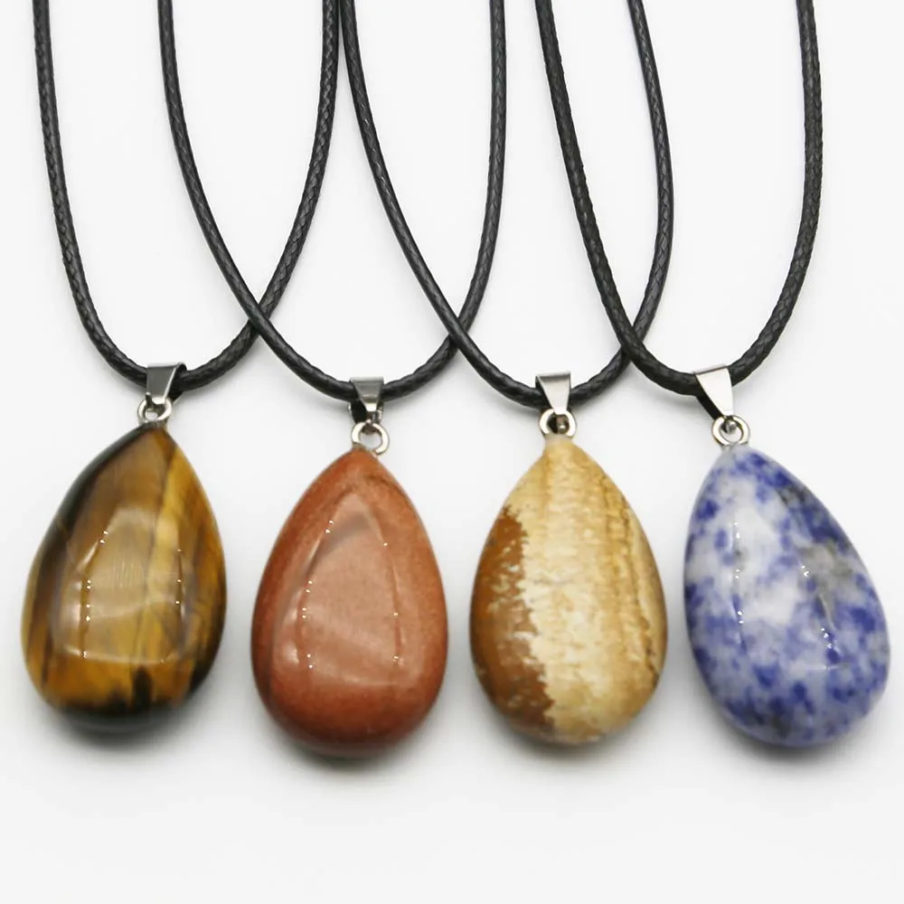 

Natural Semi Precious Stone Pendants Water Drop Leather Rope Necklace Crystal Agates Charms Making Jewelry Accessories Gift 6Pcs