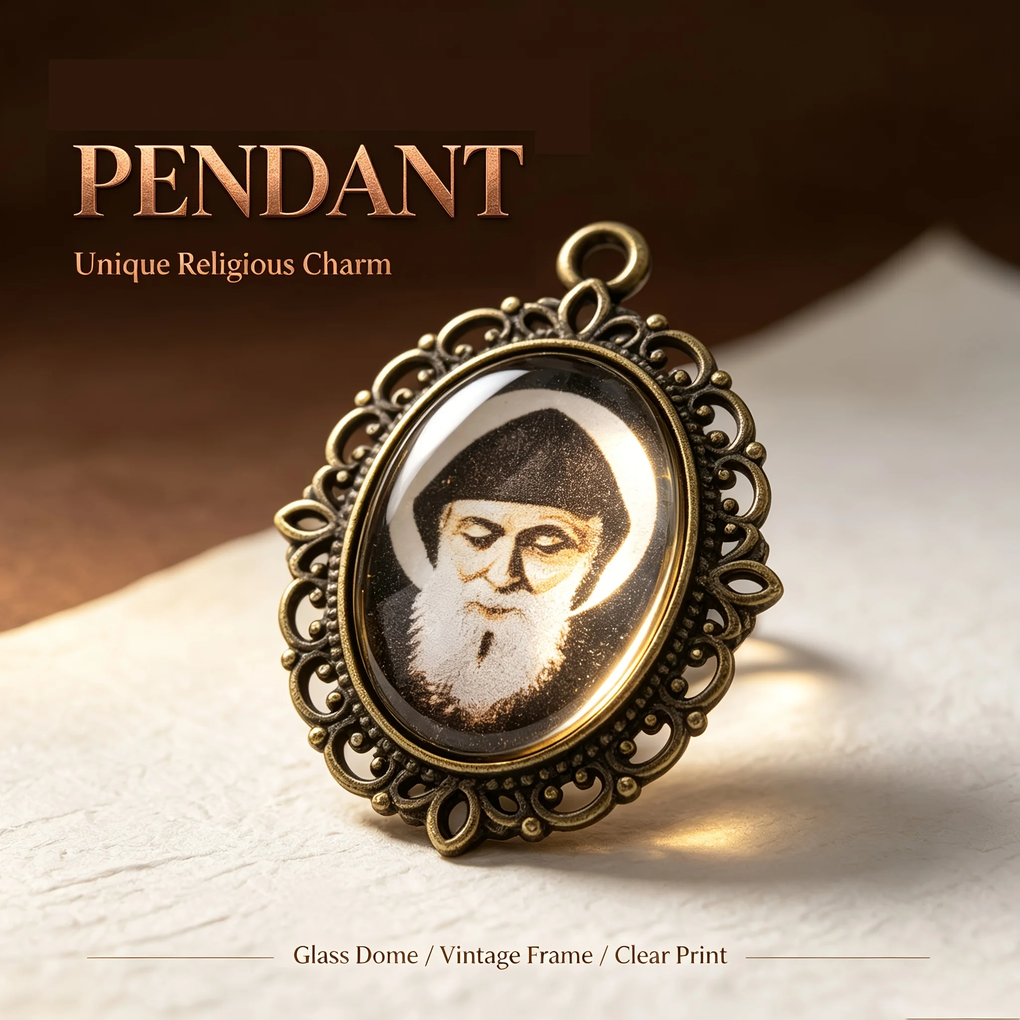 5Pcs Saint Charbel Makhlouf Religious Jewelry Pendants, Vintage Hollow Lace Dome Glass Charms, Rosary Necklace Earring Brooch Cr