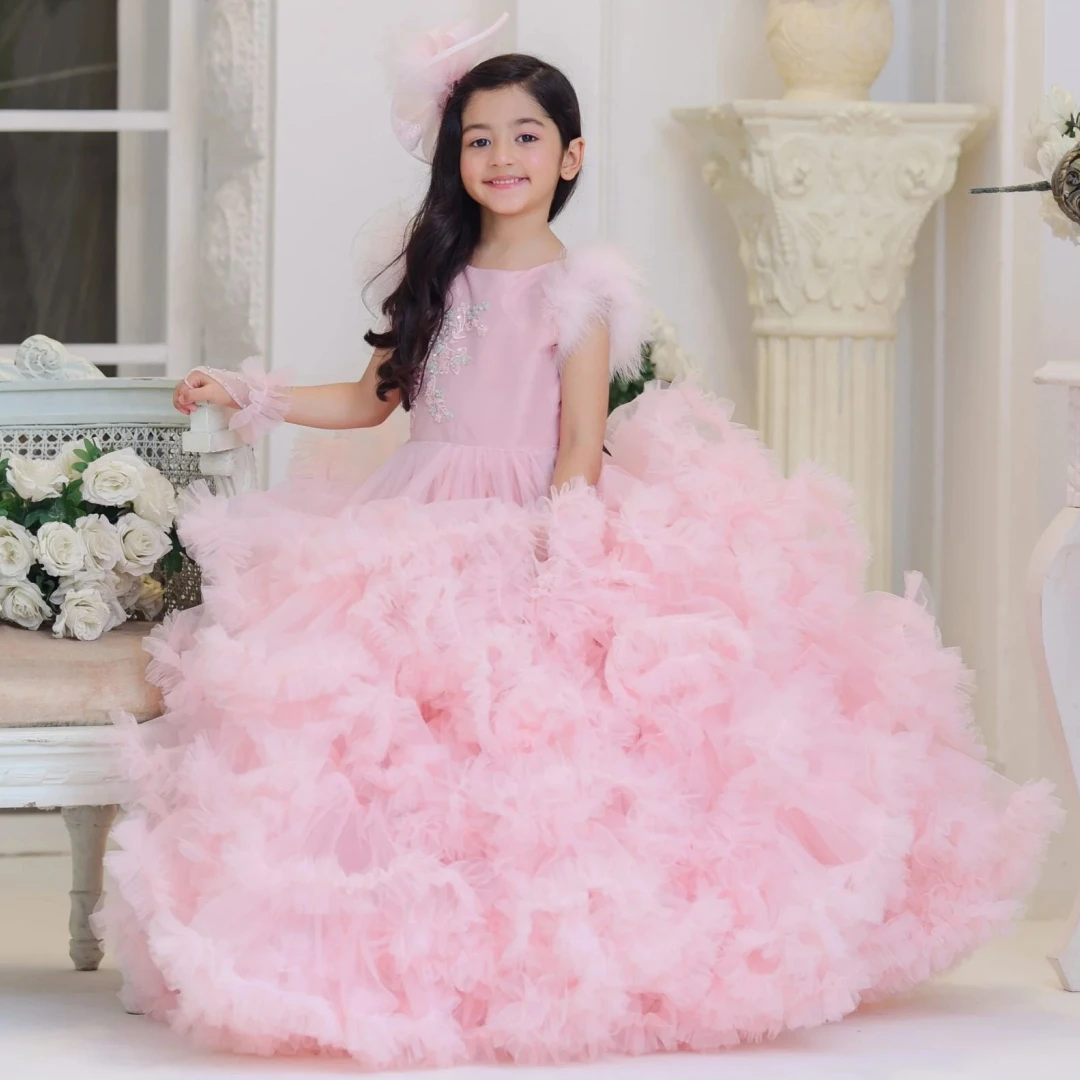 

Розовое платье с цветочным узором для девочек по индивидуальному заказу, тюлевое пышное платье с цветочной аппликацией и коротким рукавом для свадьбы, дня рождения, банкета, платье принцессы