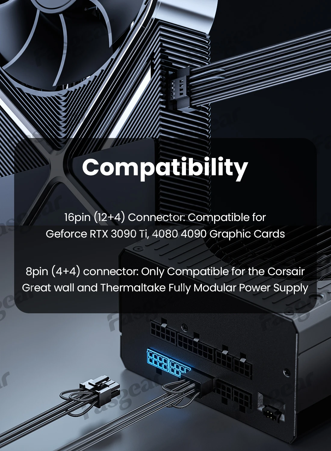 Fasgear PCIe5.0 GPU Power Cable Sleeved 12VHPWR Connector for RTX3090Ti 4000 Series Only for Corsair Great Wall Thermaltake NZXT