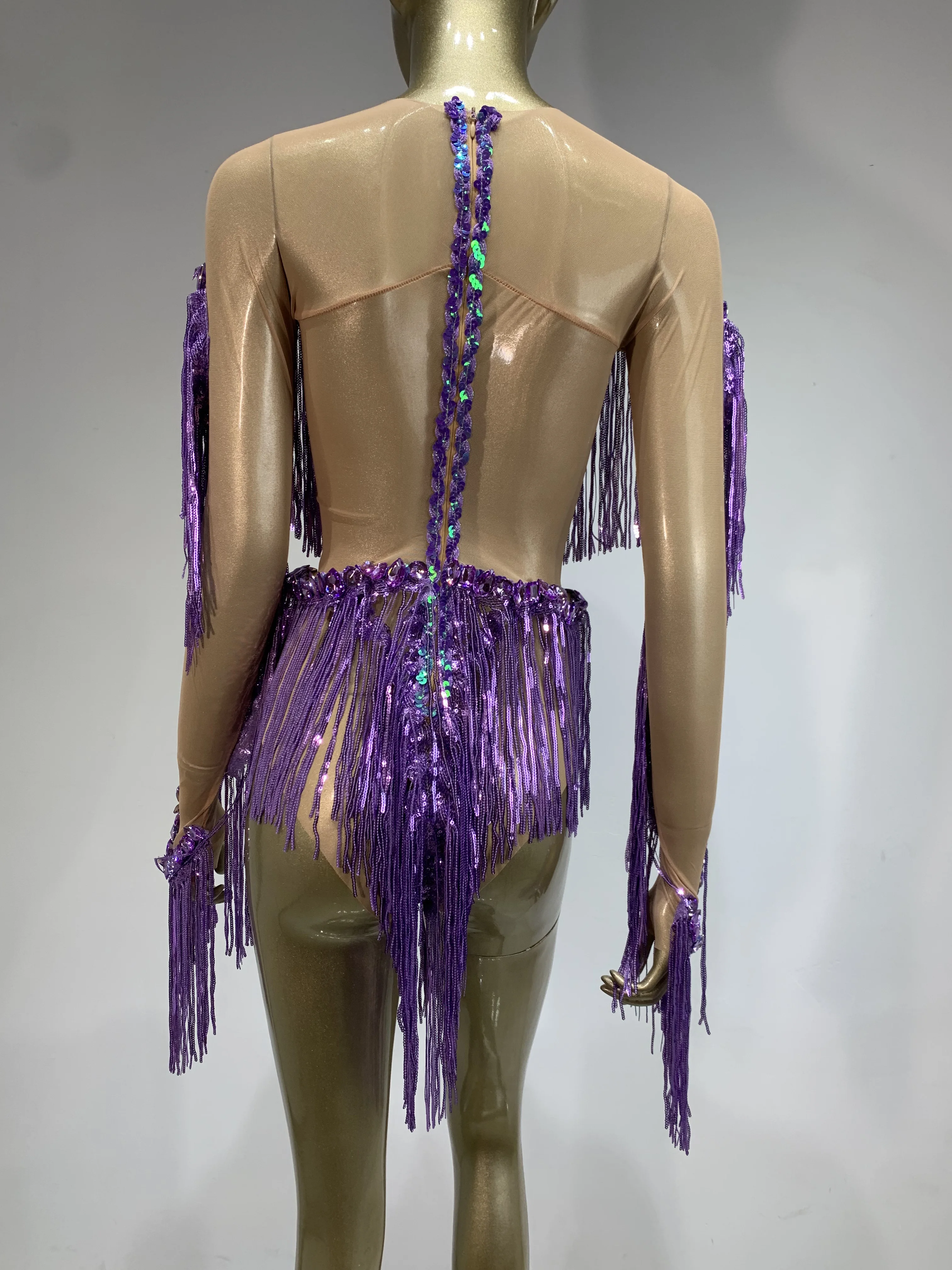 

STOCK Women Sexy Mesh Transparent Rhinestone Tassel Bodysuit Singer Dancer Nightclub Outfit Sparkly Stage Performance Costume