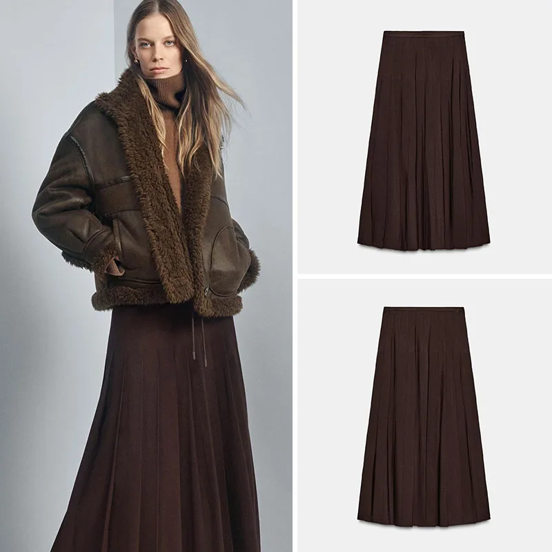 

Ele Vintage Simple Pure Color Wide Pleat Long Skirt Women's New Arrival Spring Faion Ethnic Stage Costume 8-25 Years Old