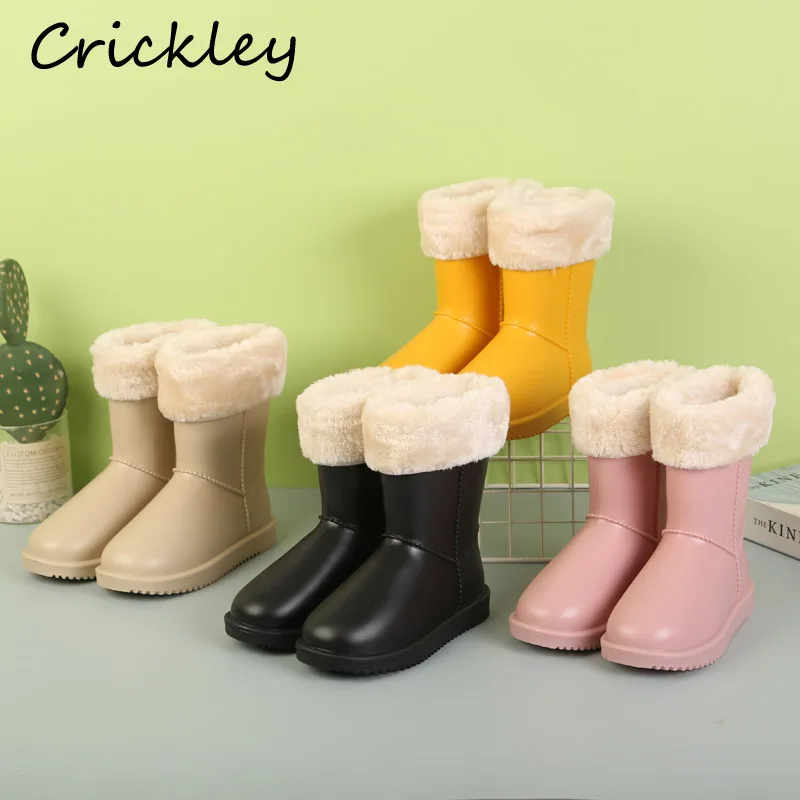 Winter Solid PVC Children Rain Boots New Waterproof Warm Plush Slip On Boys Girls Water Shoes Snow Non Slip Kids Rainboots