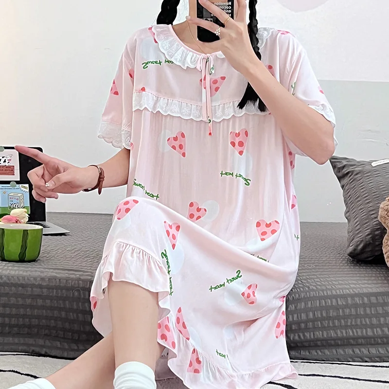 

Lightweight Short Sleeve Cotton Silk Sleep Dress Women's Summer Thin Artificial Cotton Loose Fit Home Clothes Long Skirt
