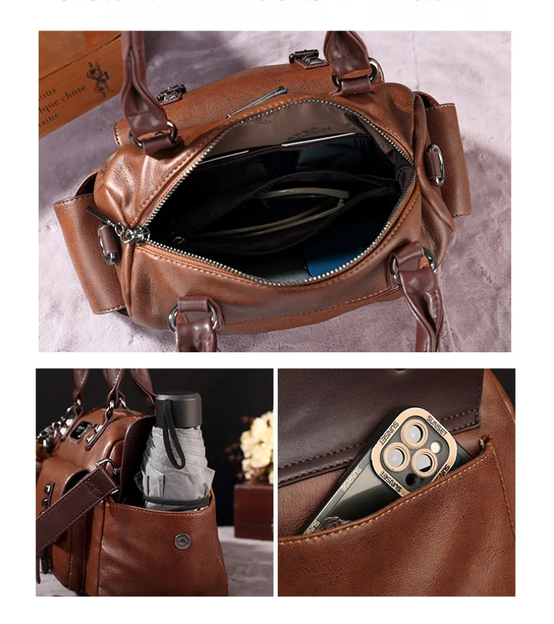 New Retro PU Leather Women\'s Messenger Bag Large Portable Contrast Pillow Boston Handbag Fashion Shoulder Bag Crossbody Bag