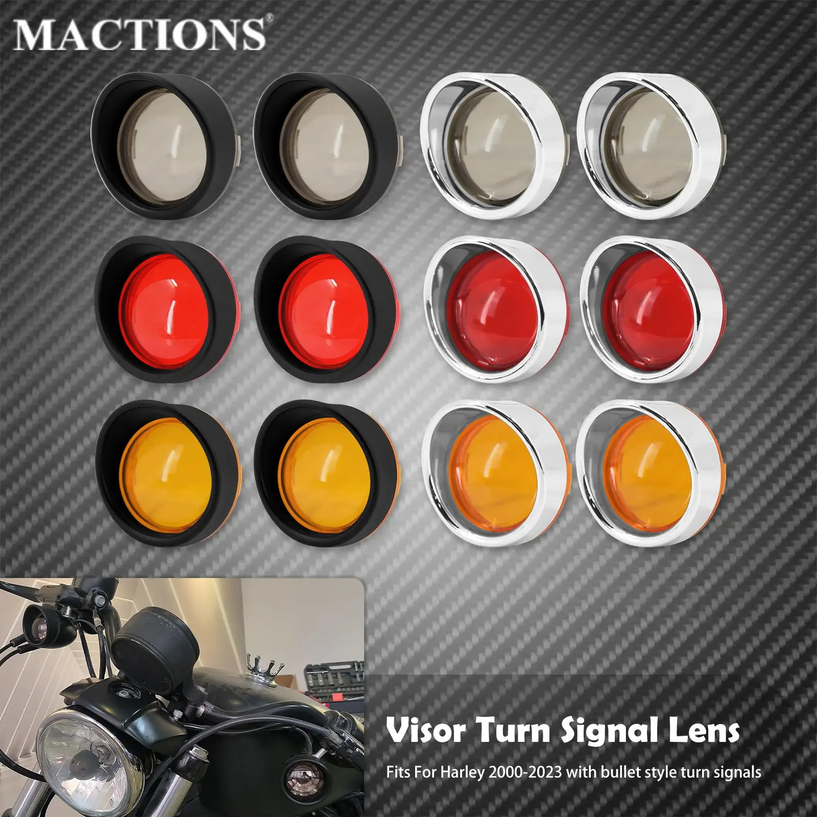 Mactions-luz intermitente estilo visera para intermitente, anillo embellecedor con lente para Harley Touring, FLHX, Sportster, Softail, Dyna