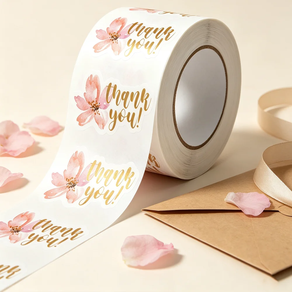 200 Labels on Roll Thank You Sticker, Blush Pink Flower Happy Mail Shop Package Labels, Watercolor Gold Flower Envelope Seals