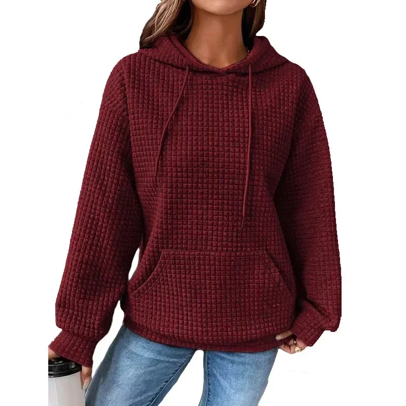 Women's Solid Color Sweatshirt Autumn/Winter Hooded Sweatshirt Waffle Round Neck Long Sleeve Sweatshirt