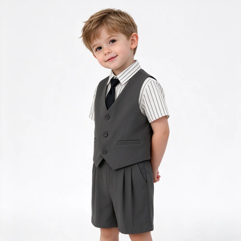 Children Boy 4 Pieces Gentleman Outfit Striped Shirt Vest Shorts Tie Set Kids Formal Suit for Christening Birthday Wedding