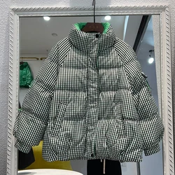 Korean Fashion Winter Short Lattice Jacket Women Bread Loose Stand Collar Female Down Parkas 90% White Duck Down Coats 2022 New