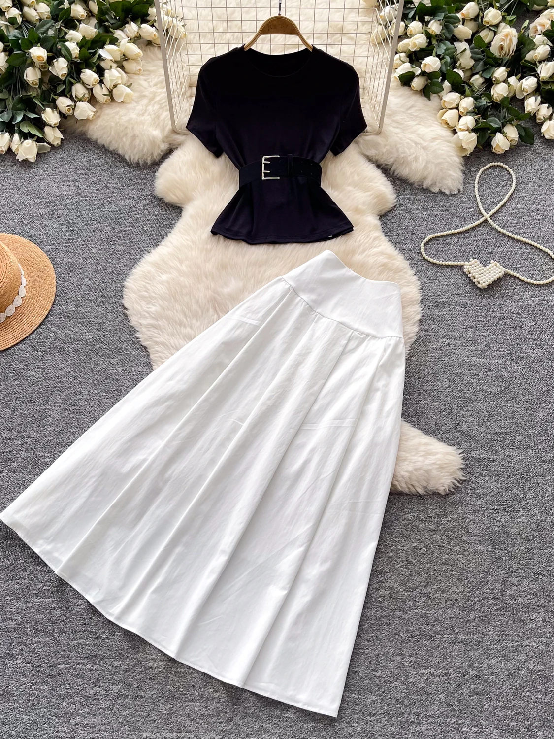 

Korean Style Commuter Fashion Slimming A-Line Skirt Set Women's Summer Versatile Stylish Two-Piece Suit High Waist Casual Wear