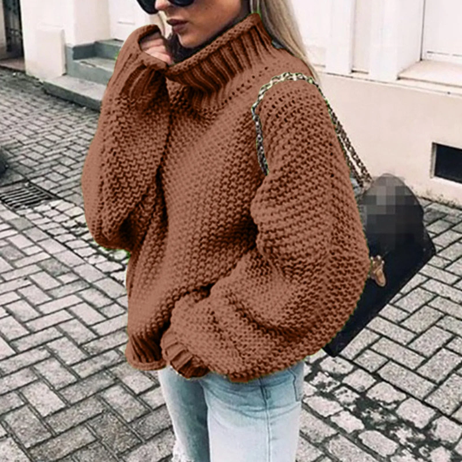 Women\'S Solid Color Fashion Sweater Rolled Edge High Neck Bat-Sleeved Loose Pullover Autumn And Winter Casual Thermal Tops