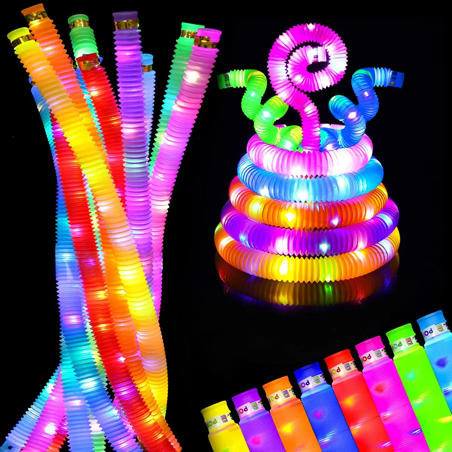 12Pack LED Light Up Pop Tubes Sensory Toys Glow Sticks,Fine Motor Skills Learning Toys,Party Favors Decorations Pull Stretch Toy