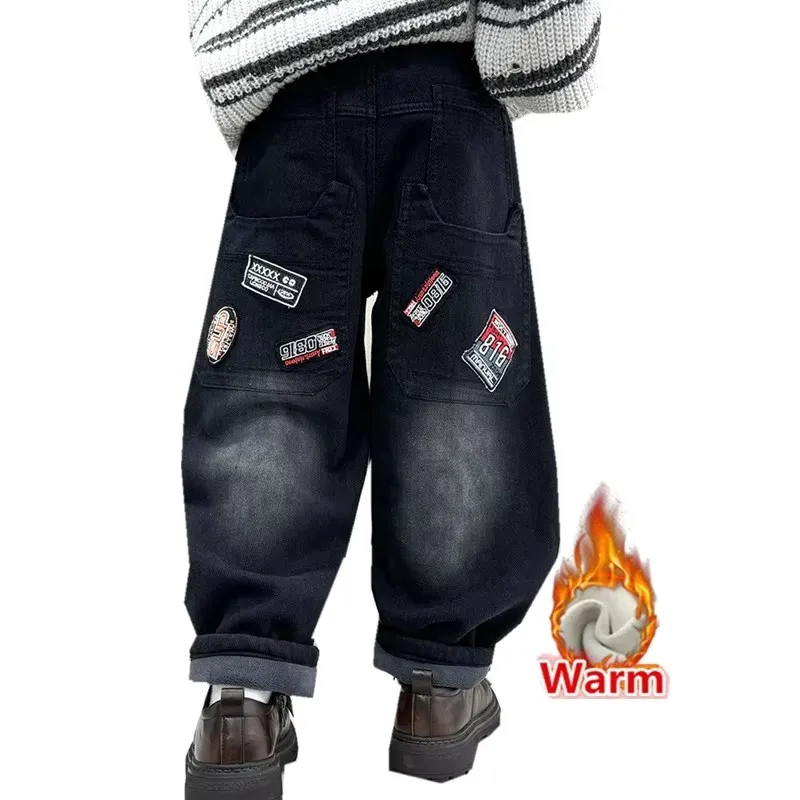 

Vintage Black Boys Winter Fleece-lined Jeans For Baby Kids Streetwear Denim Pants With Corduroy Lined Child Warm Thermal Jeans