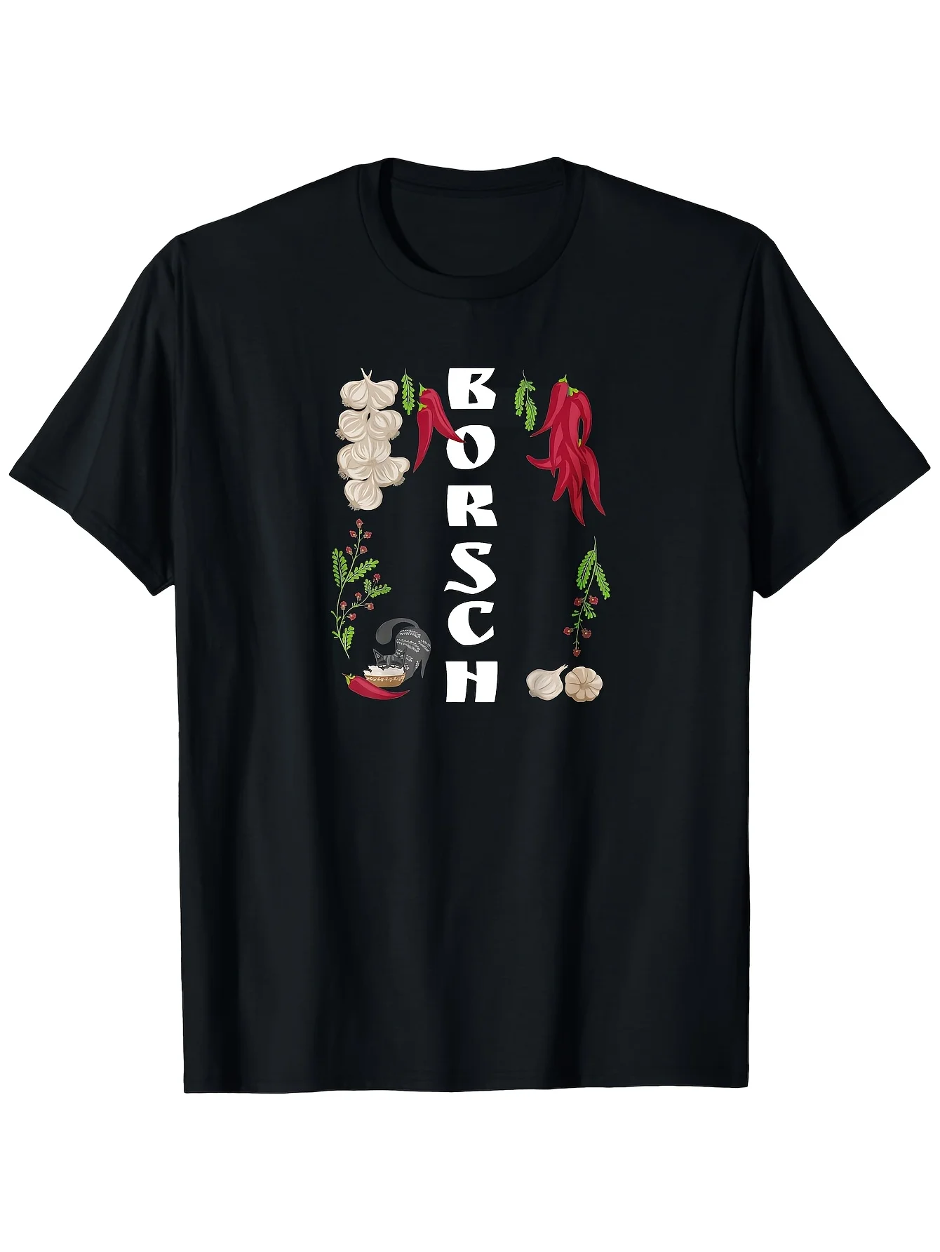 100% Fun Ukrainian Pattern T-shirt | Borsch Design with Vibrant Red Chili Onion and Garlic Everyday T-shirt Fun Pattern T-shirt