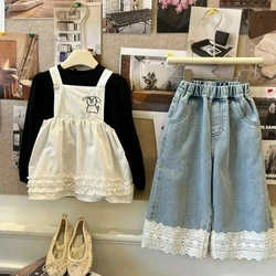 Spring and Autumn Kids Girls Pants Cute Lace Stitching Loose Pants Baby Girls Kawaii High Waist Casual Jeans Wide Leg Pants 2-8y