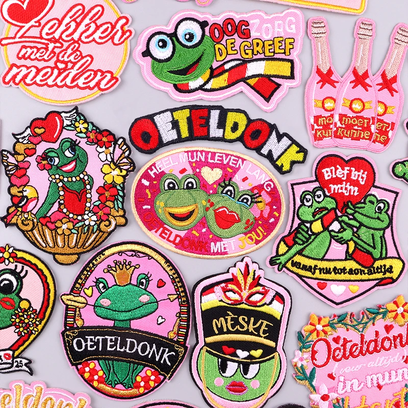 Netherland Oeteldonk Emblem Embroidered Patches On Clothes DIY Pink Frog Carnival Applique Iron On Patches For Clothing Stickers