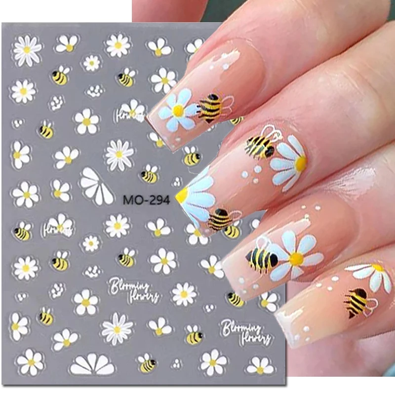 

5D Embossed Nail Art Decals Cute Bees White Daisy Flowers Adhesive Sliders Nails Stickers Decorations For Manicure