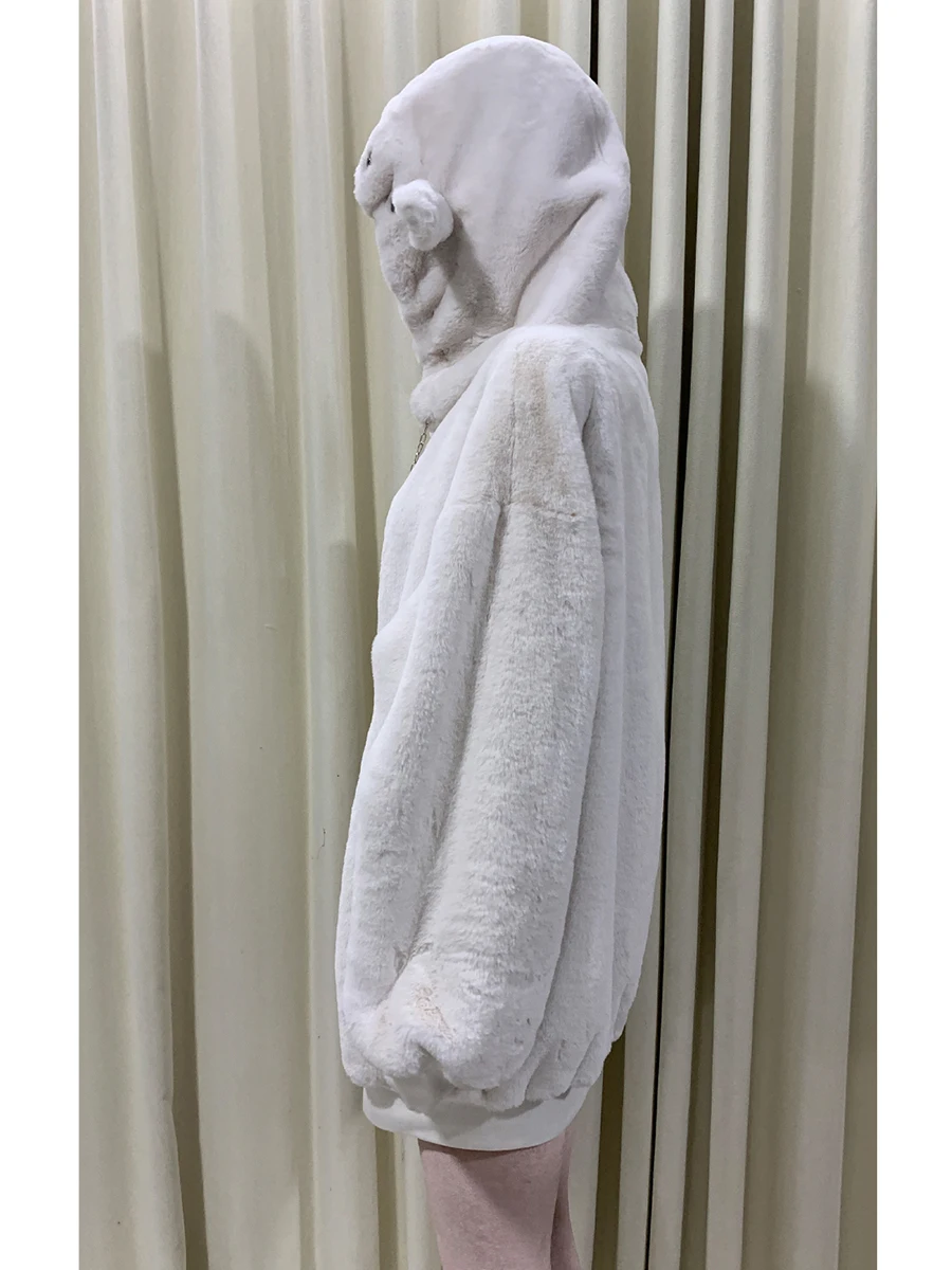 Autumn Winter Warm Thick Soft Faux Fur Hoodie Women with Bear Ears Loose White Punk Style Fluffy Jacket Hoodie Streetwear 2025