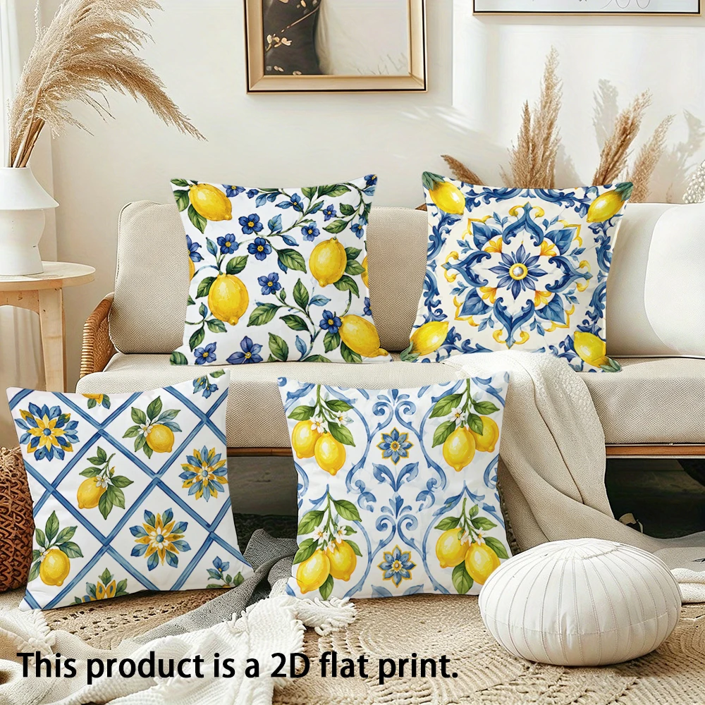 1pc  Mediterranean Lemon Tile Print Throw Pillow Covers, Summer Coastal Cushion Cases for Sofa Bedroom Patio