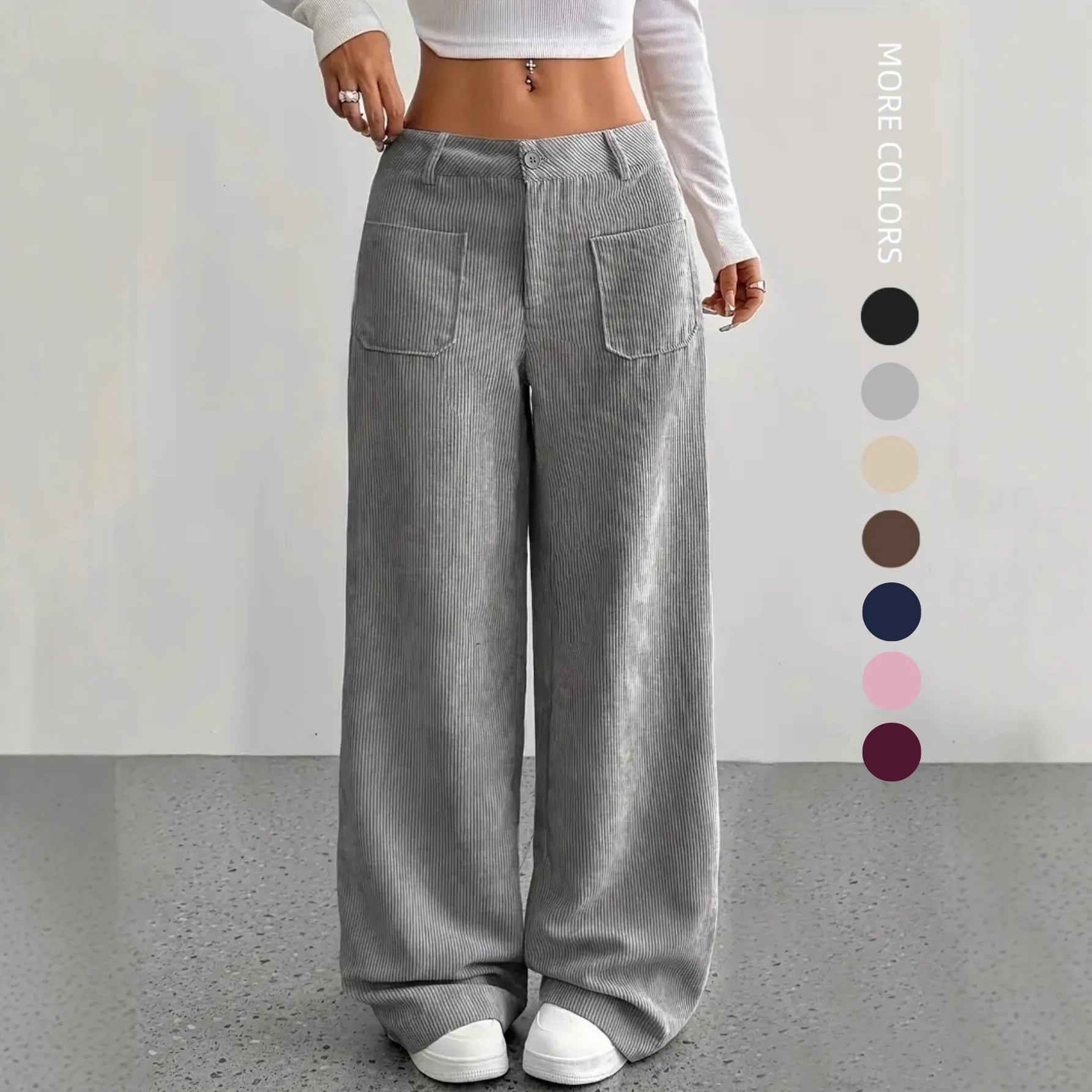 2025 New Women's Loose Wide Leg Pants Solid Color Double Pocket Maxi Length Casual Trousers