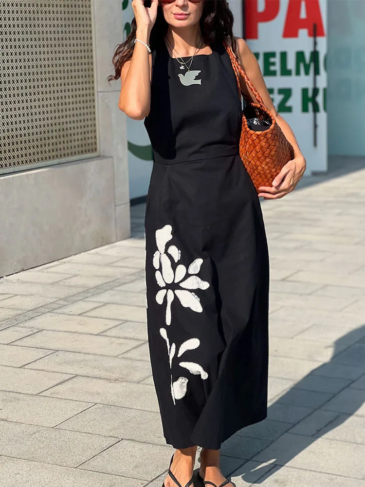 

TRAFZA Summer Female Black Elegant Solid Embroidery Printing Sleeveless Dress Women's Backless Zipper Midi Dresses Mujer Traf