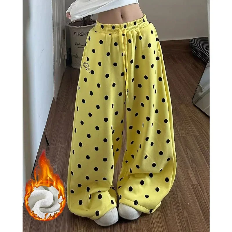 Winter Female Chic Wave Point Thicken Pants Girls High Waist Snow Warm Plush Trousers Women Baggy Fleece Thermal Pants