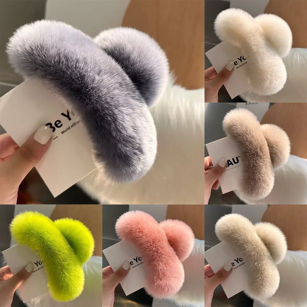 Extra Large Hairy Hair Clip Cute Plush Headwear Winter Warm Ponytail Hair Claw Rabbit Fur Shark Clip Faux Fur Grip Soft Girls